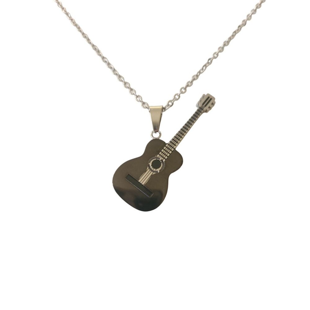 Black Guitar Necklace Unisex Silver Music Musician Gift
